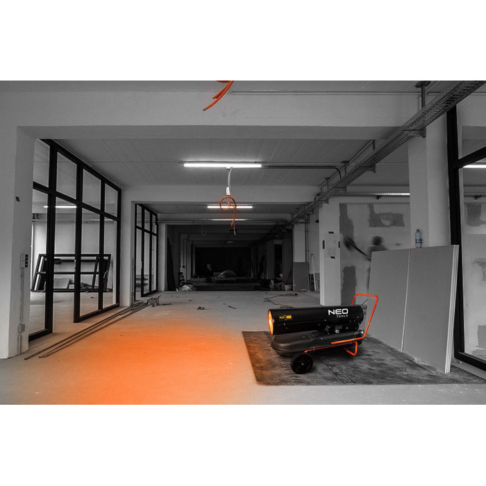 Neo Tools Теплова гармата дизель/гас, 50 кВт, 1100м3/год, прямого нагріву, бак 50л, витрата 4.7л/год, IPX4, колеса (90-082)