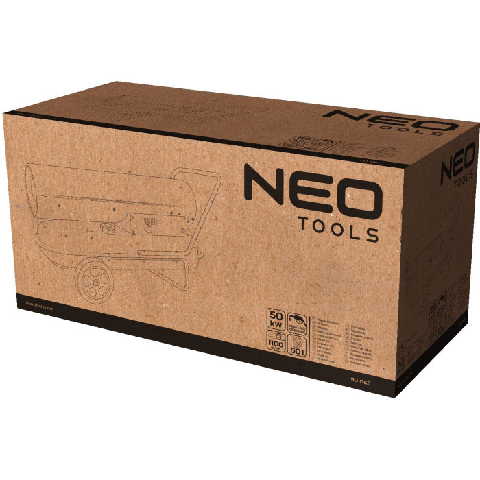 Neo Tools Теплова гармата дизель/гас, 50 кВт, 1100м3/год, прямого нагріву, бак 50л, витрата 4.7л/год, IPX4, колеса (90-082)
