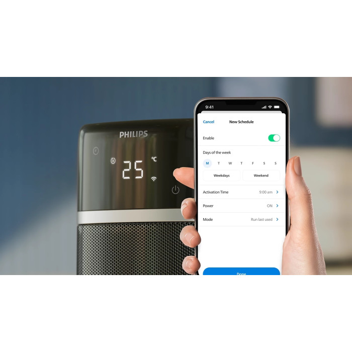 Тепловентилятор Philips 5000 Series, 20м2, 2000Вт, електр. упр-ння, 58 х 19.6 х 21.2см, керамічний, дисплей,Wi-Fi, чорний (CX5120/11)