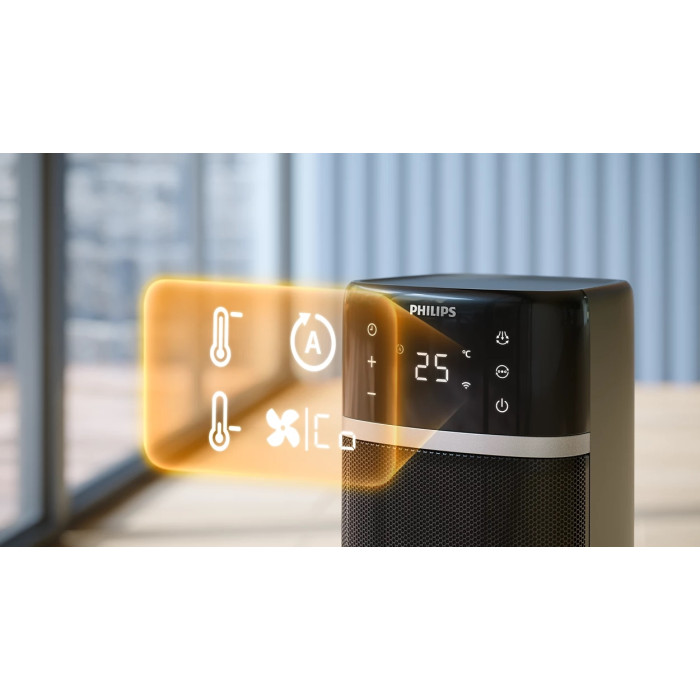 Тепловентилятор Philips 5000 Series, 20м2, 2000Вт, електр. упр-ння, 58 х 19.6 х 21.2см, керамічний, дисплей,Wi-Fi, чорний (CX5120/11)