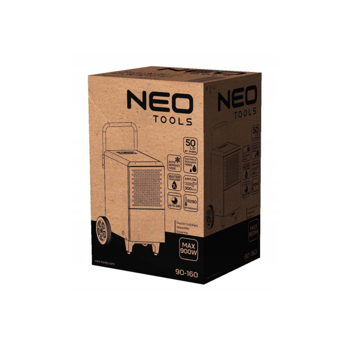 Neo Tools Осушувач повітря промисловий, 750Вт, 50л/добу, 180м кв, 300м куб/год, LCD дисплей, безперервний злив, прогр.часу роботи, IP22 (90-160)