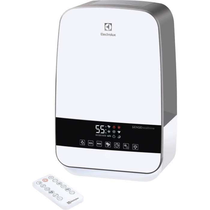 Electrolux Зволожувач повітря SENSEhealthline EHU-3315D 5.5 л, 50 м2, 400 мл/г, ультразвуковий, іонізатор, гігростат, аромакапсула, стерилізація пари, пульт ДК, білий (EHU-3315D)