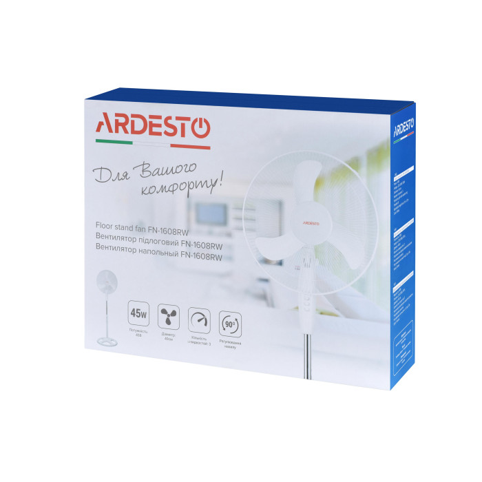 ARDESTO Вентилятор підлоговий, 40см, 45Вт, опора кругла, білий (FN-1608RW)