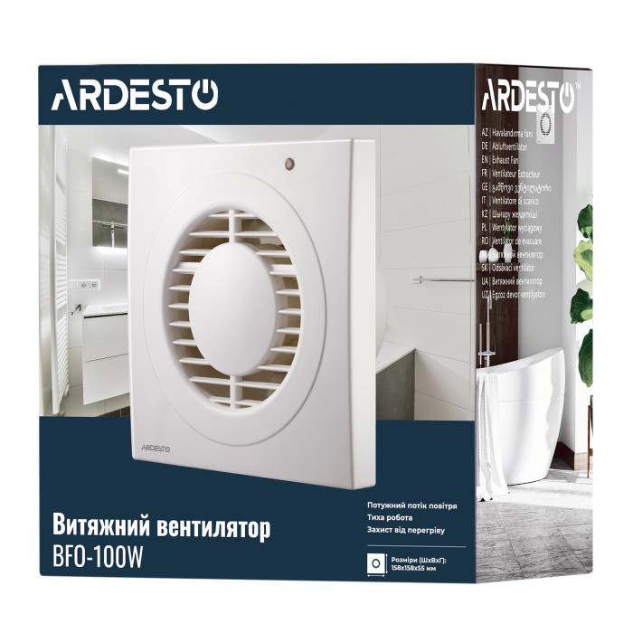 ARDESTO Витяжний вентилятор BFO-100W 15 Вт, 80 м3/г, 2400 об./хв., 33 дБ, білий (BFO-100W)