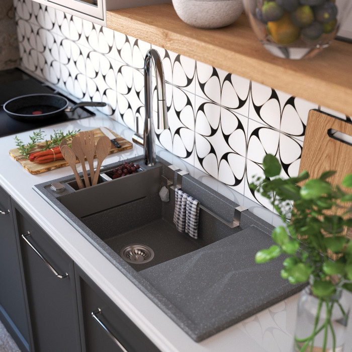 Мийка кухонна Deante Magnetic, граніт, прямокут., з крилом, 820х500х219мм, чаша - 1, накладна, антрацит (ZRM_T113)