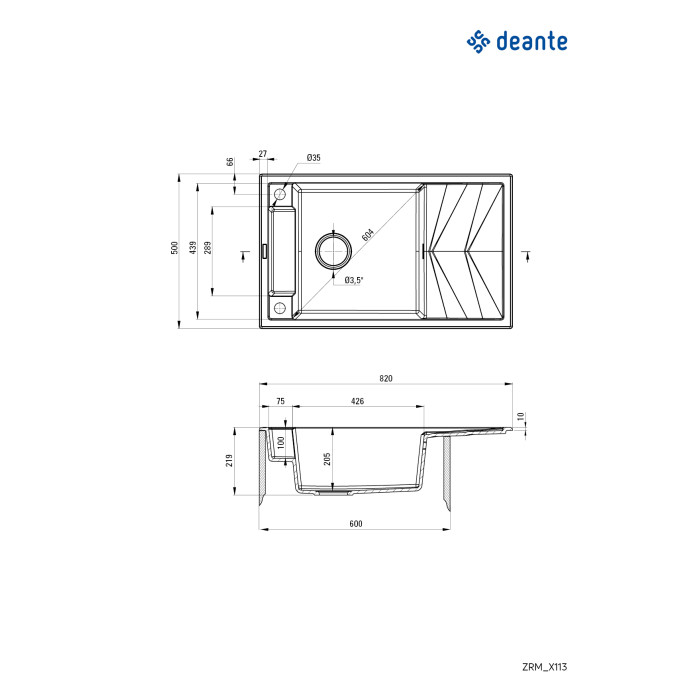 Мийка кухонна Deante Magnetic, граніт, прямокут., з крилом, 820х500х219мм, чаша - 1, накладна, антрацит (ZRM_T113)