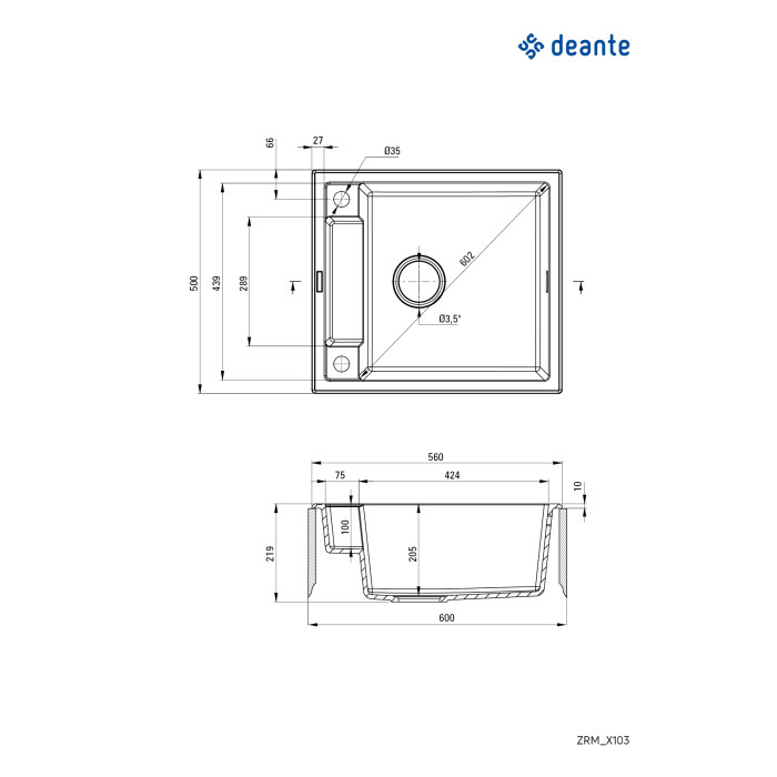 Мийка кухонна Deante Magnetic, граніт, квадрат, без крила, 560х500х219мм, чаша - 1, врізна, антрацит (ZRM_T103)