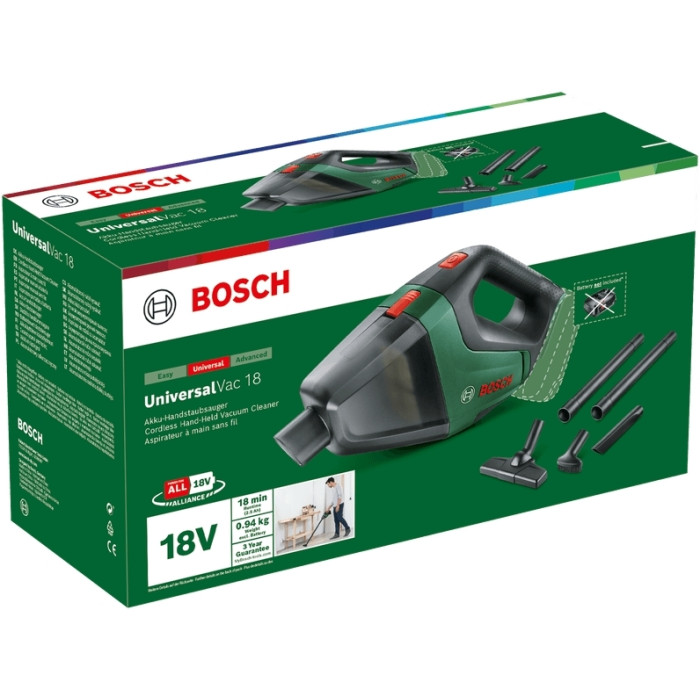 Пилосос професійний акумуляторний Bosch UniversalVac 18, 18В, 9кПа, контейнер 0.5л, 1.3кг без АКБ та ЗП (06033B9102)