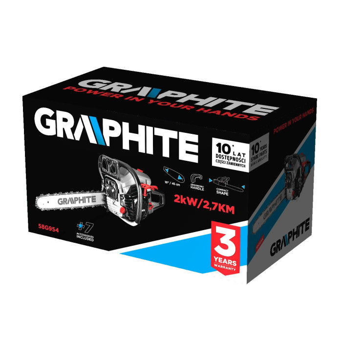 Пила ланцюгова бензинова GRAPHITE 40/45см 2кВт/2.7л.с. 52см3 5.53кг (58G954)