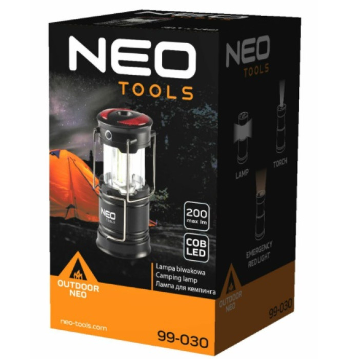 Neo Tools Ліхтар кемпінговий на батарейках, ААх3, 200лм, 3Вт, 3 функції освітлення, 3 магніти в підставці, червоне сигнальне світло (99-030)