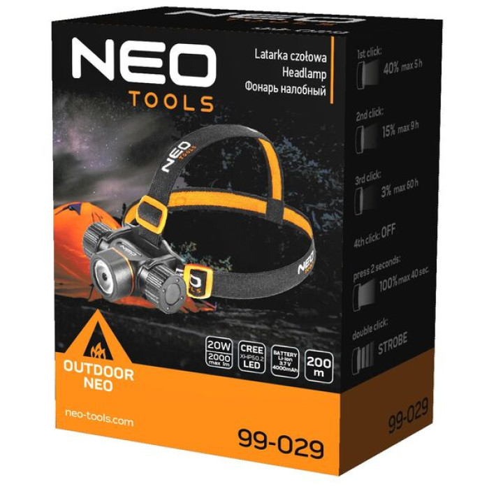 Neo Tools Ліхтар налобний акумулятор/батарейки, 4000мА•год або ААх3, 2000лм, 20Вт, 5 функцій освітлення, IPX4 (99-029)