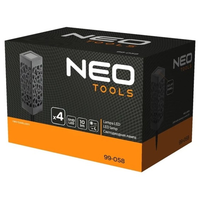 Neo Tools Сонячний садовий світильник NEO, 600мАг 3.7 Ni-MH, 0,3Вт, 10 лм, LED SMD, IP44, 4 шт. (99-058)