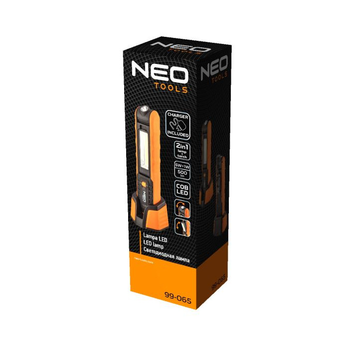 Neo Tools Ліхтар інспекційний акумуляторний, 2600мА•год, 500лм, 5+1Вт, база+ЗП, індикатор заряду, гачок, магніт, IP20 (99-065)