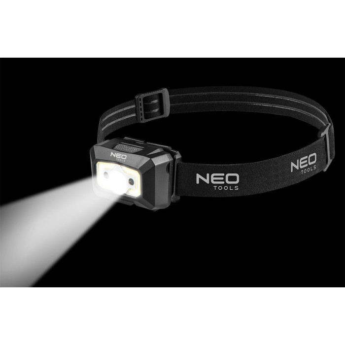 Neo Tools Ліхтар налобний акумуляторний, 1200мАг, 250лм, 3Вт, 5 функцій освітлення, червоне світло, датчик руху, індикатор заряду (99-073)