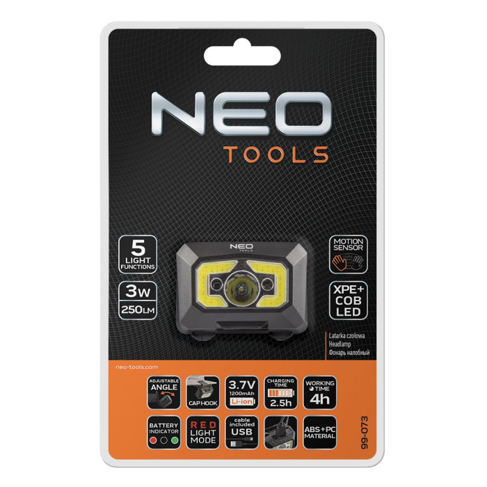 Neo Tools Ліхтар налобний акумуляторний, 1200мАг, 250лм, 3Вт, 5 функцій освітлення, червоне світло, датчик руху, індикатор заряду (99-073)
