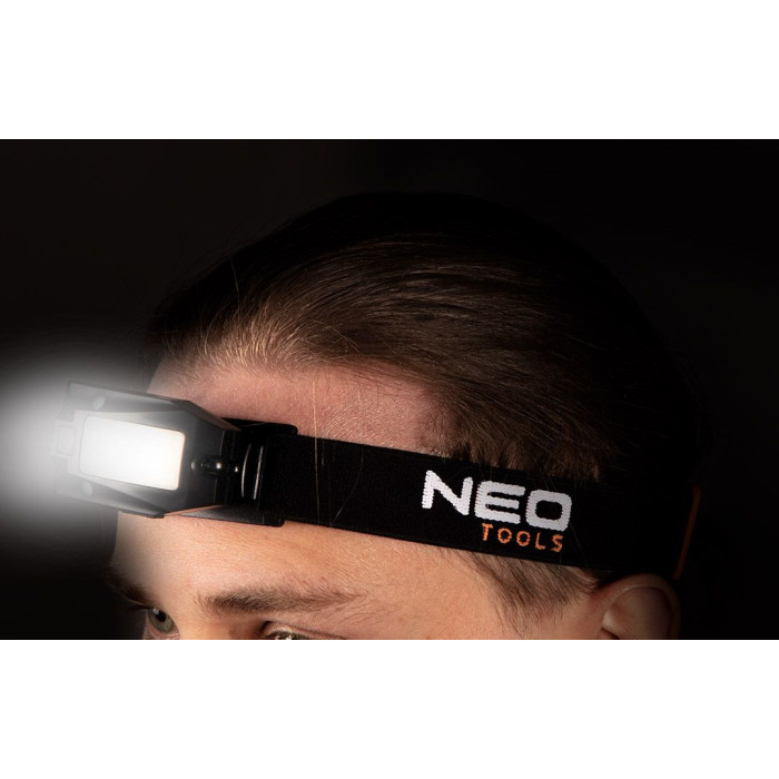 Neo Tools Ліхтар налобний акумуляторний, 500мА•год, 180лм, 3Вт, датчик руху, рухома конструкція на 360°, червоне світло, 50г, IPX4 (99-069)