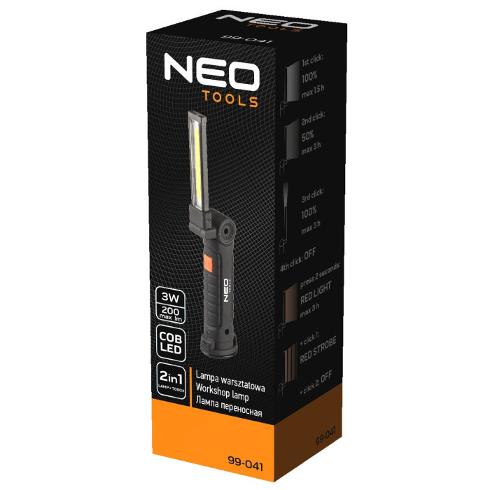 Neo Tools Ліхтар інспекційний акумуляторний, 1200мА•год, 200лм, 3Вт, 2в1, лампа+ліхтар, складається, 5 функцій освітлення, червоне світло, IP20 (99-041)
