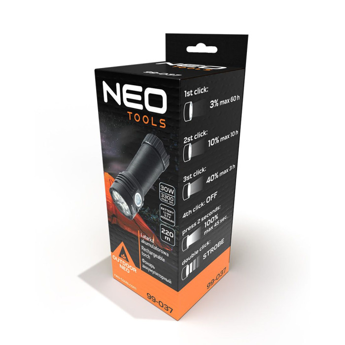 Neo Tools Ліхтар ручний акумуляторний, 4000мА•год, 3300лм, 30Вт, 5 функцій освітлення, алюмінієвий, IPX4 (99-037)