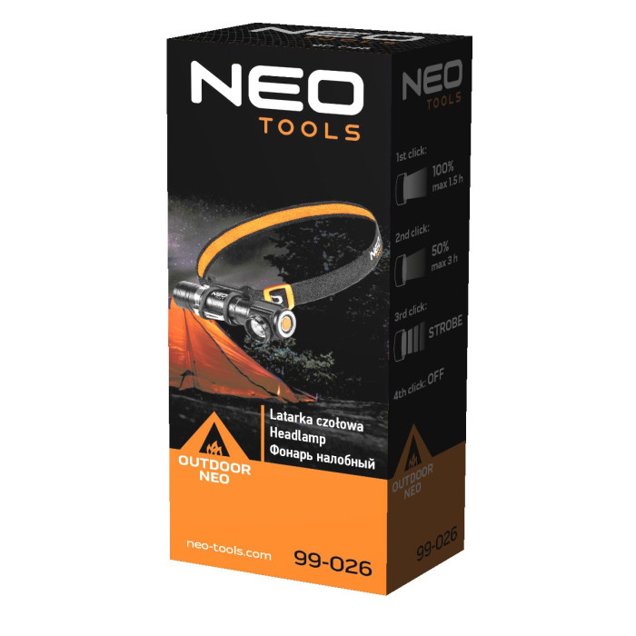 Neo Tools Ліхтар налобний акумуляторний, 1200мА•год, 800лм, 10Вт, 3 функції освітлення, IP20 (99-026)