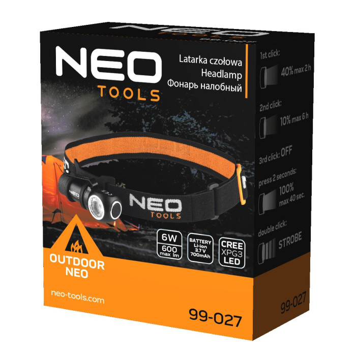 Neo Tools Ліхтар налобний акумуляторний, 700мА•год, 600лм, 6Вт, 4 функції освітлення, IPX4 (99-027)