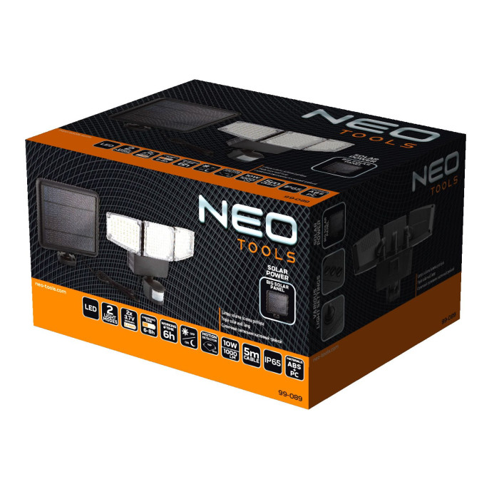 Neo Tools Світильник акумуляторний 2200мАг, 1000лм, 10Вт, живлення від сонячного світла, датчик руху, сутінків, IP65 (99-089)