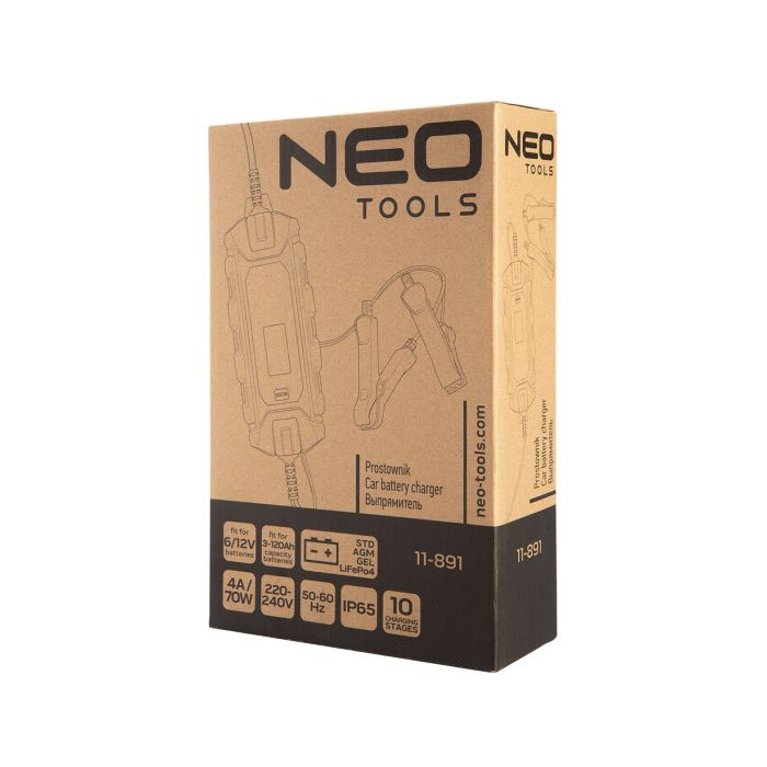 Neo Tools Зарядний пристрій автоматичний, 4A/70Вт, 3-120Ah, для кислотних/AGM/GEL акумуляторів (11-891)