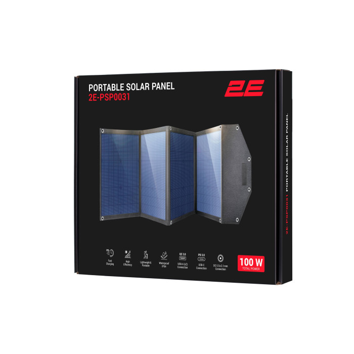 2E Портативна сонячна панель, 100 Вт зарядний пристрій, DC, USB-С PD45W, USB-A 18W, USB-A 12W (2E-PSP0031)