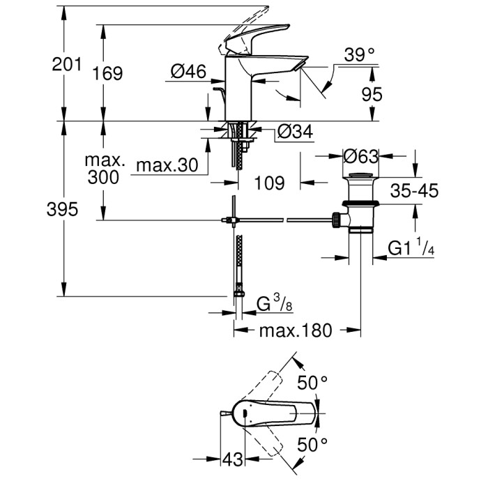 Смеситель для раковины Grohe Eurosmart New с донным клапаном, хром  (33265003)