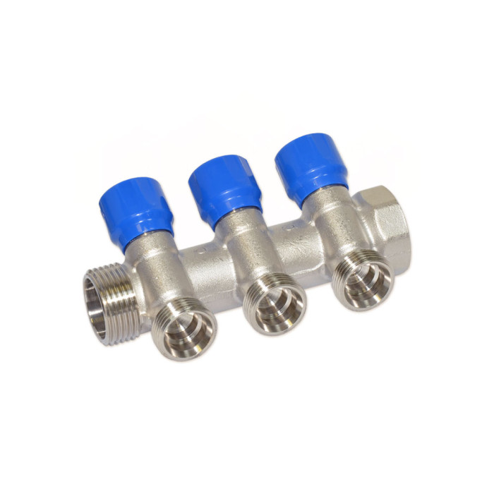 Колектор кутовий Ø1″ x 3 виходи x 3/4″ EK (сині ручки) нікель Carlo Poletti Srl (C323N12QB)