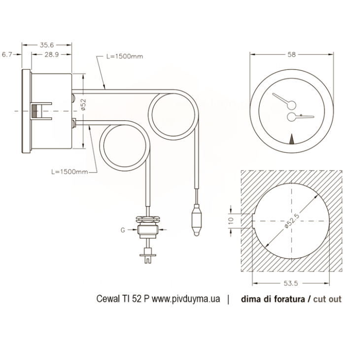 Капілярний термоманометр TI 52 P Ø52 1/4″ 4 бара 0/120°С L=1500 мм Cewal S.p.A. (91392120)