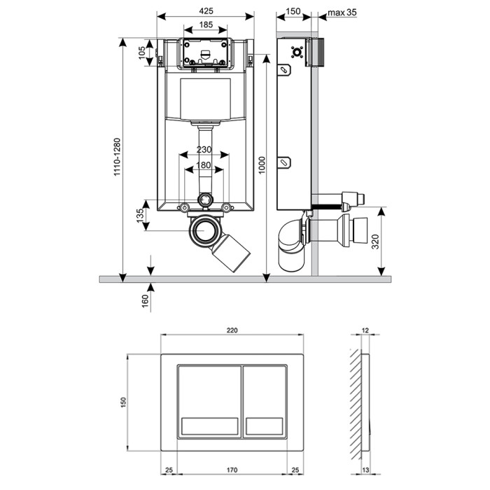 Установка для унитаза 4 в 1 Qtap Nest ST с квадратной панелью смыва (QT0133M425M06028CRM)