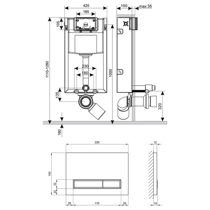 Установка для унитаза 4 в 1 Qtap Nest ST с линейной панелью смыва (QT0133M425M08V1384W)