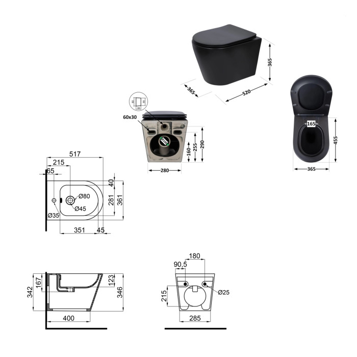 Комплект Qtap Scorpio Matt Black 2 в 1: унітаз підвісний Ultra Quiet QT14332380AMB + біде підвісне QT1455053FMB