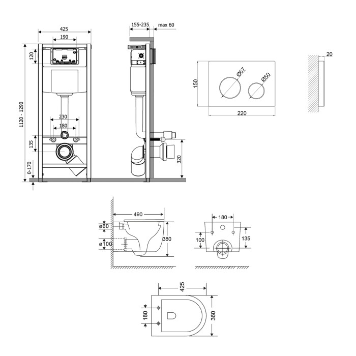 Комплект: Qtap Taurus Ultra Quiet подвесной унитаз QT2433084EUQW + Nest комплект инсталляции 4в1 (Клавиша круглая White) QT0133M425 + QT0111M11110W