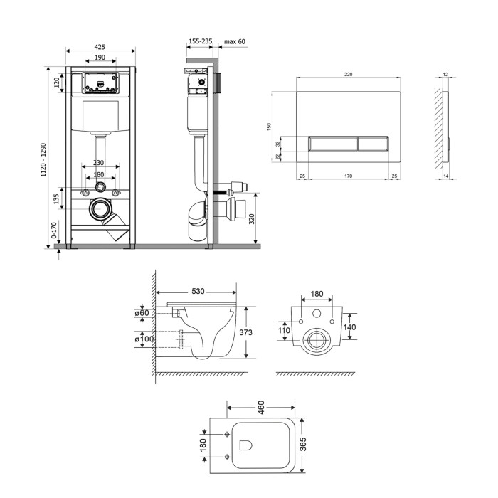 Комплект: Qtap Gemini Ultra Quiet подвесной унитаз QT2533076EUQMB + Nest комплект инсталляции 4в1 (Клавиша линейная Satin) QT0133M425 + QT0111M08382SAT