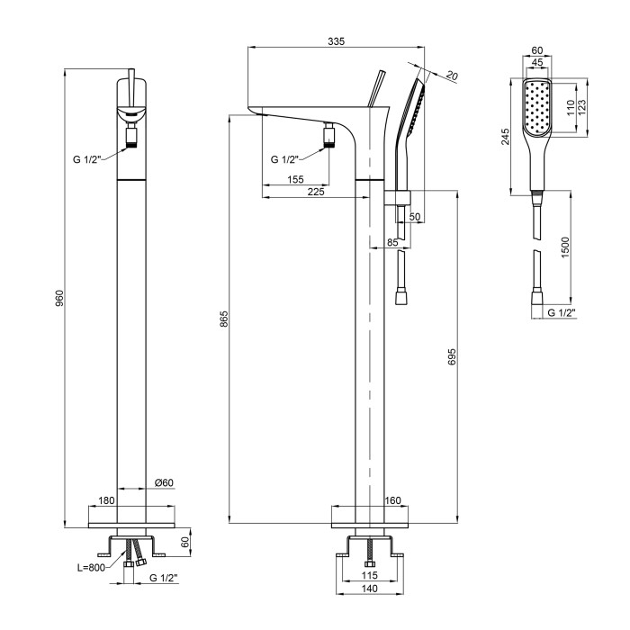 Смеситель для ванны Qtap Podlaha напольный (с душевым гарнитуром) QT19103VDC Chrome