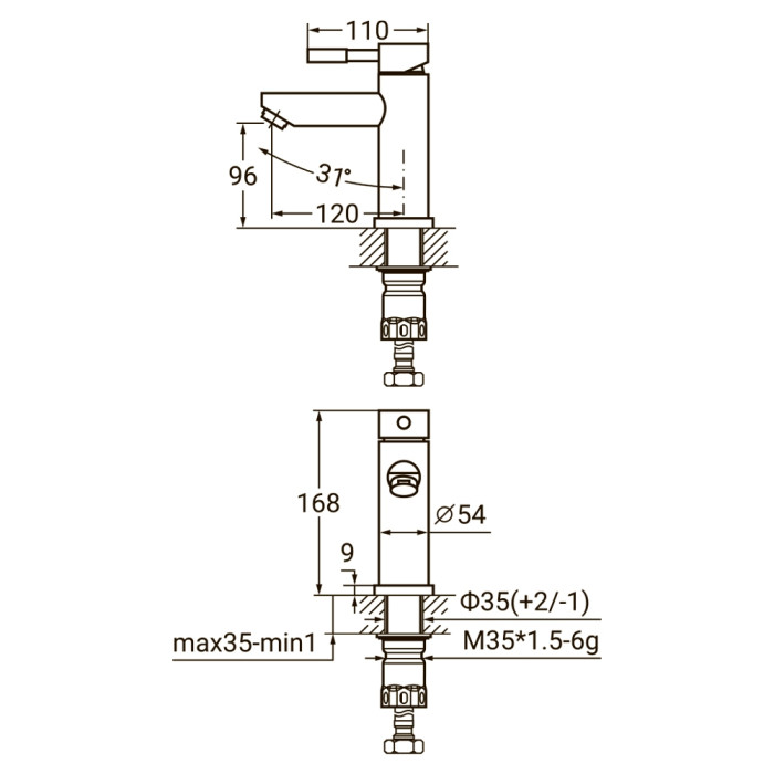 Смеситель KT Ø35 для раковины литой на гайке SS AQUATICA KT-1A170P (9722001)