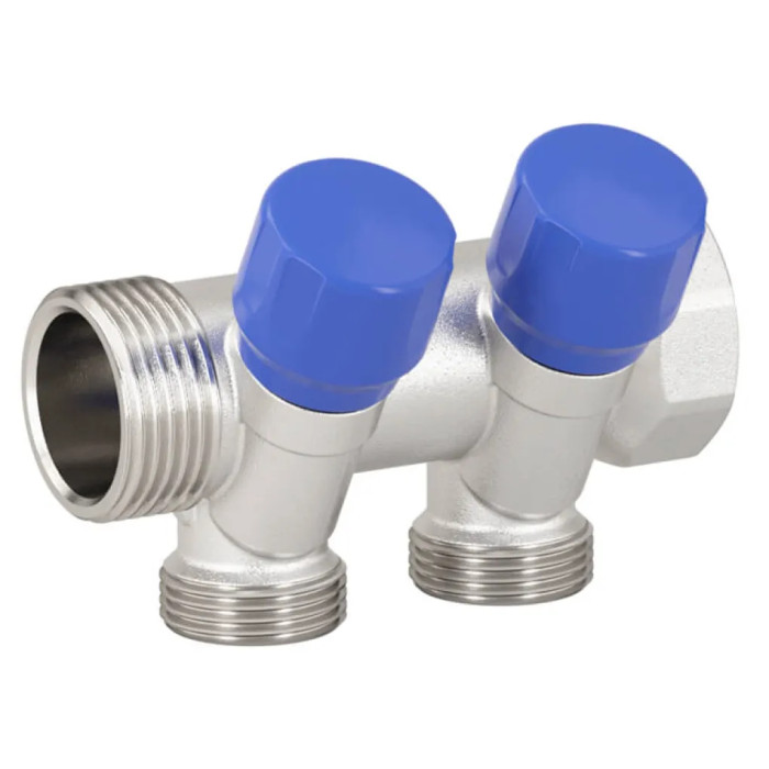 Коллектор угловой Ø1″ x 2 выхода x 3/4″ EK (синие ручки) никель Carlo Poletti Srl (C322N12QB)