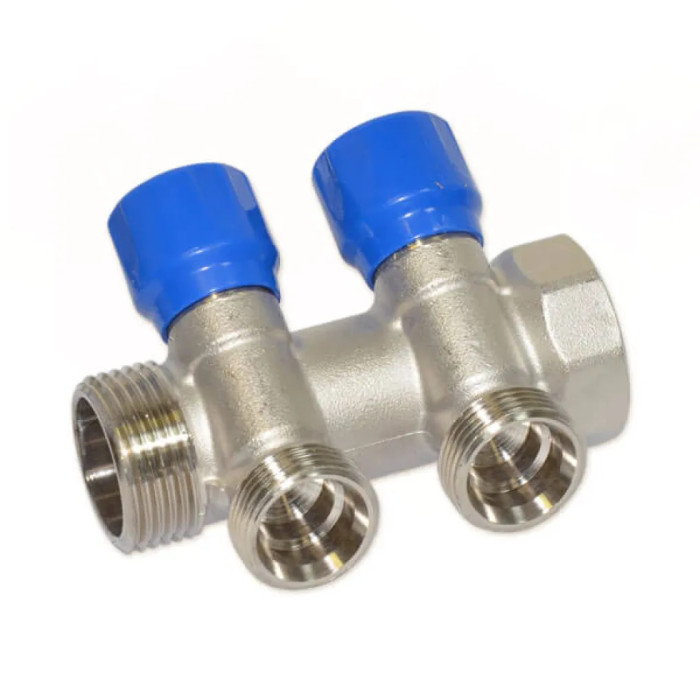 Коллектор угловой Ø1″ x 2 выхода x 3/4″ EK (синие ручки) никель Carlo Poletti Srl (C322N12QB)