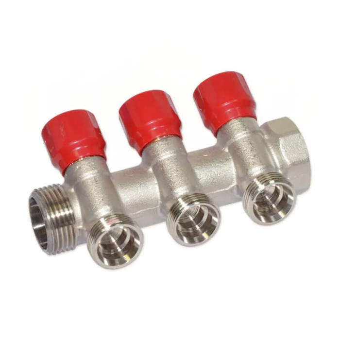 Колектор кутовий Ø1″ x 3 виходи x 3/4″ EK (червоні ручки) нікель Carlo Poletti Srl (C323N12QR)