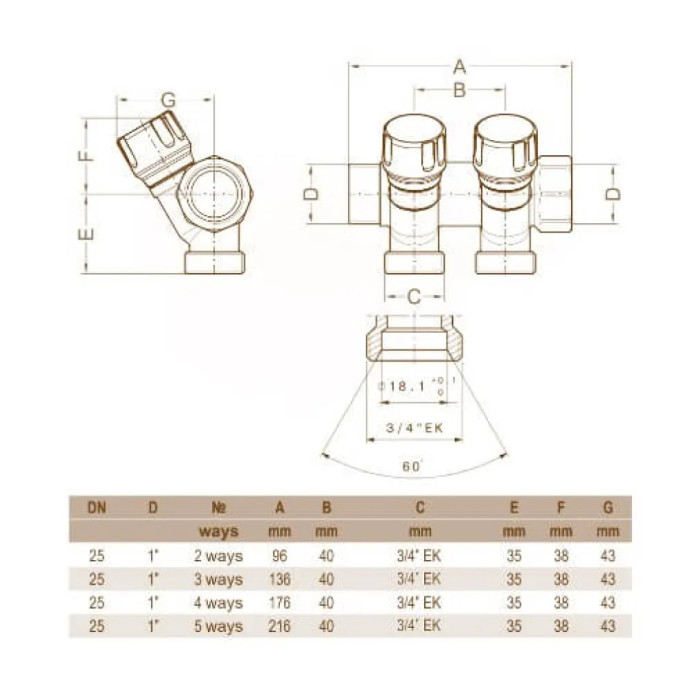 Колектор кутовий Ø1″ x 4 виходи x 3/4″ EK (сині ручки) нікель Carlo Poletti Srl (C324N12QB)