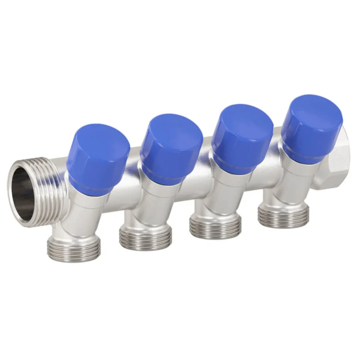 Колектор кутовий Ø1″ x 4 виходи x 3/4″ EK (сині ручки) нікель Carlo Poletti Srl (C324N12QB)