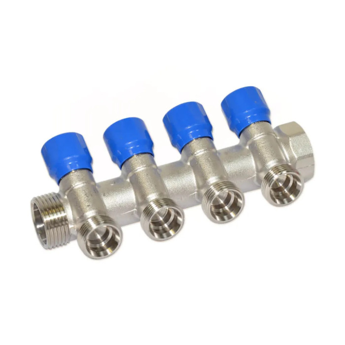 Колектор кутовий Ø1″ x 4 виходи x 3/4″ EK (сині ручки) нікель Carlo Poletti Srl (C324N12QB)