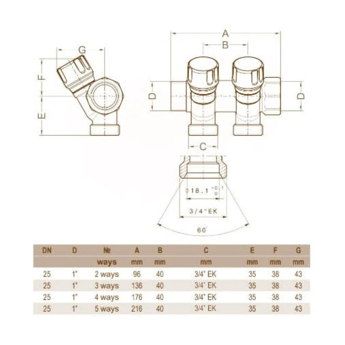 Коллектор угловой Ø1″ x 4 выхода x 3/4″ EK (красные ручки) никель Carlo Poletti Srl (C324N12QR)