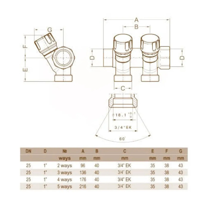 Колектор кутовий Ø1″ x 5 виходів x 3/4″ EK (сині ручки) нікель Carlo Poletti Srl (C325N12QB)