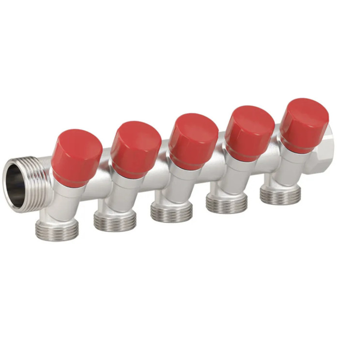 Колектор кутовий Ø1″ x 5 виходів x 3/4″ EK (червоні ручки) нікель Carlo Poletti Srl (C325N12QR)