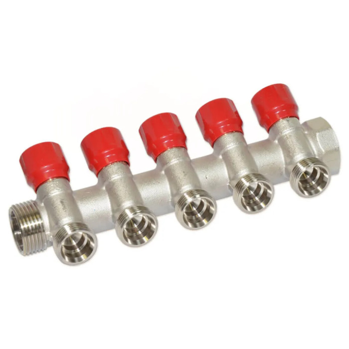 Колектор кутовий Ø1″ x 5 виходів x 3/4″ EK (червоні ручки) нікель Carlo Poletti Srl (C325N12QR)